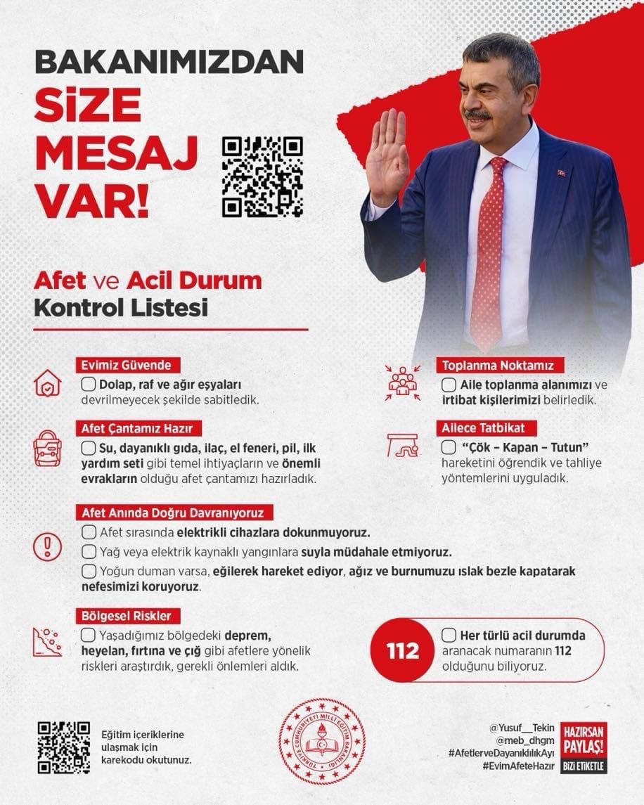 Afet Etkinlikleri İçin Öğretmenlere ve Yöneticilere Verilen Görevler Belli Oldu